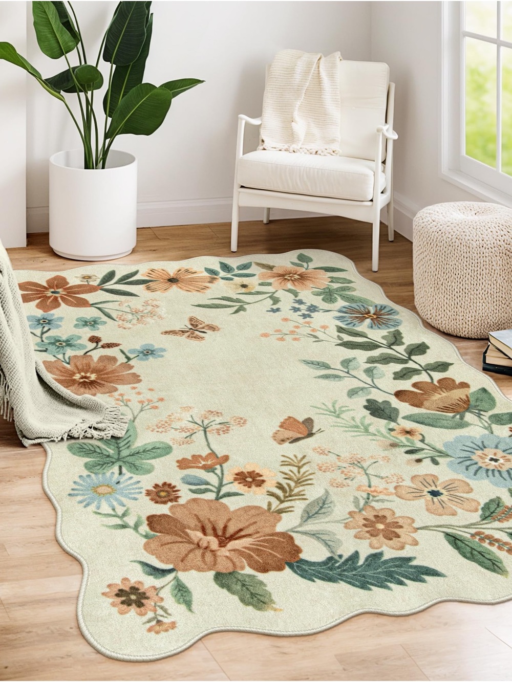 Floral Area Rug in Cream, Brown & Green